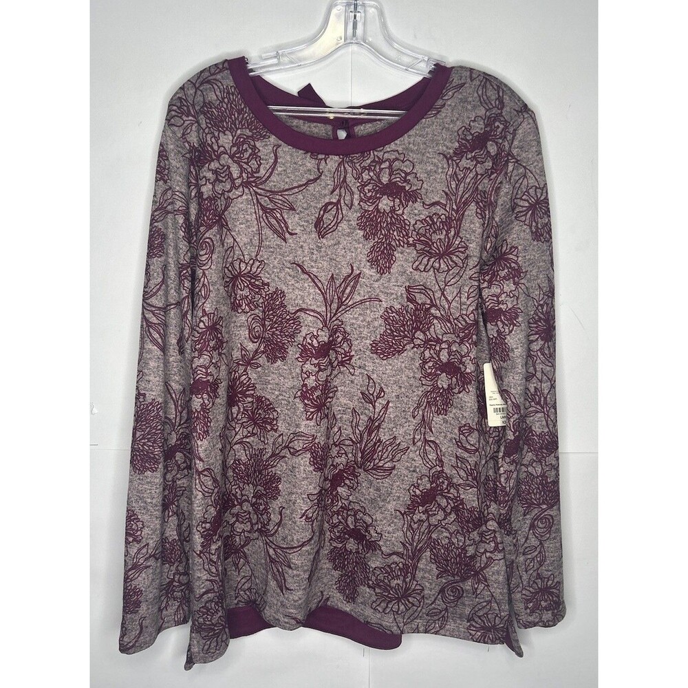 St. John’s Bay Tie Keyhole Back Long Sleeve Sweater Wine/Gray Size Large NWT